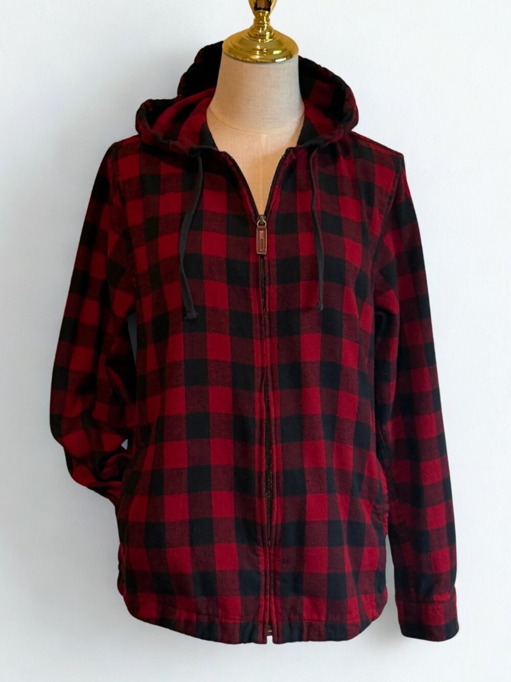 L.L. Bean Women's Red Buffalo Plaid Hooded Zip Shacket Jacket Size M